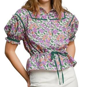 Umgee Floral Print Balloon Short Sleeve Drawstring Waist Blouse